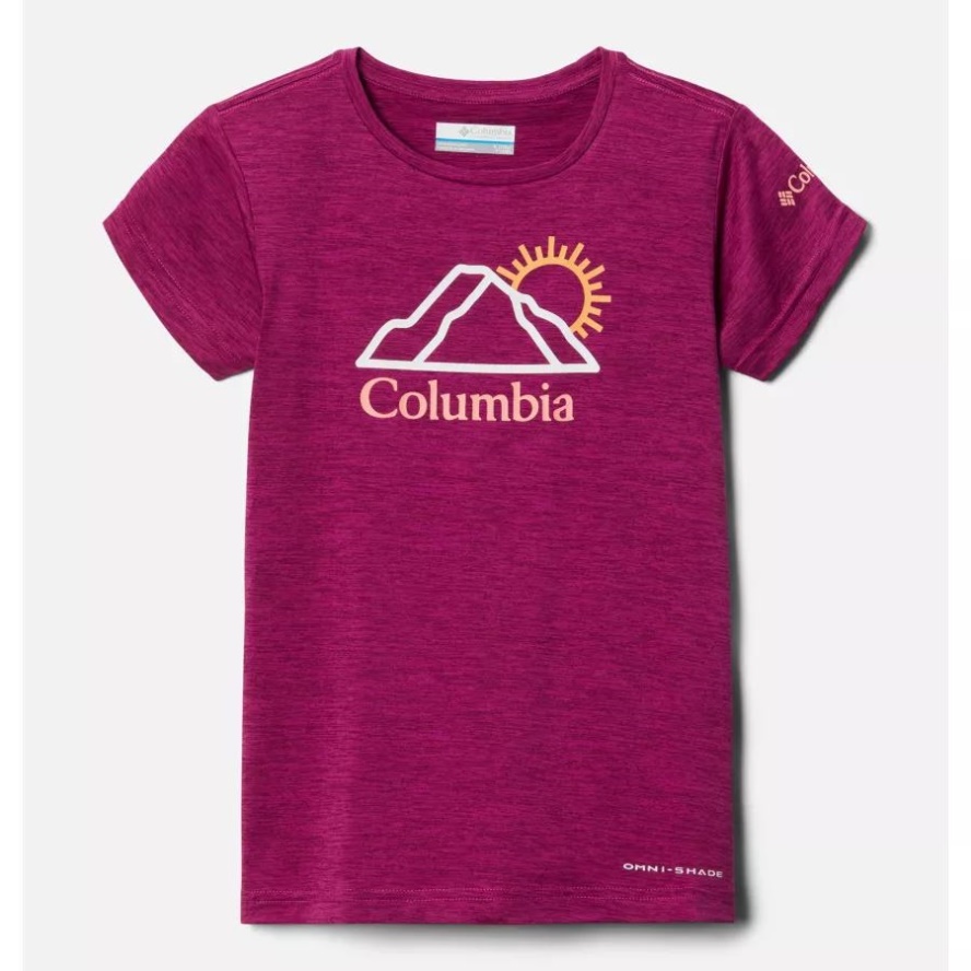 Girls' Mission Peak Short Sleeve Graphic T-Shirt Columbia Sale Wild Fuchsia Heather Bright Peaks