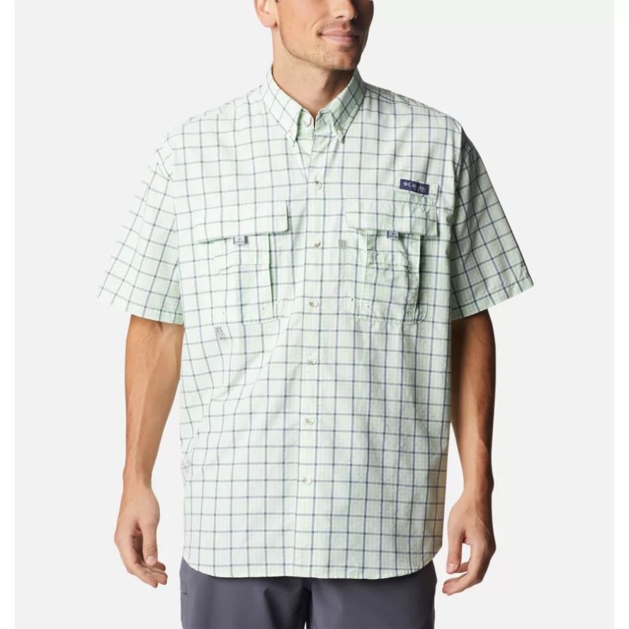 Key West Gingham Grid Men's PFG Super Bahama Short Sleeve Shirt Columbia Sale
