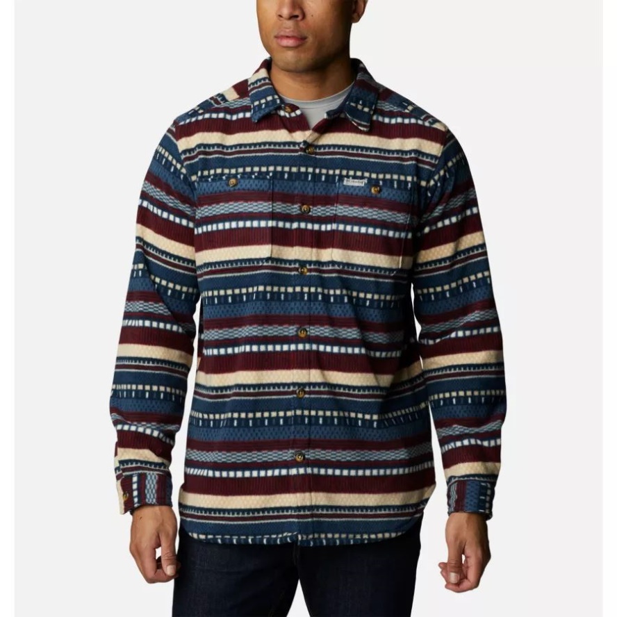 Men's Flare Gun Fleece Over Shirt Dark Mountain Apres Stripe Print Columbia Sale
