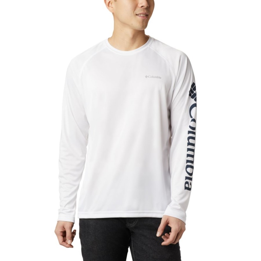 Men's Fork Stream Long Sleeve Shirt Columbia Sale White/Collegiate Navy Logo