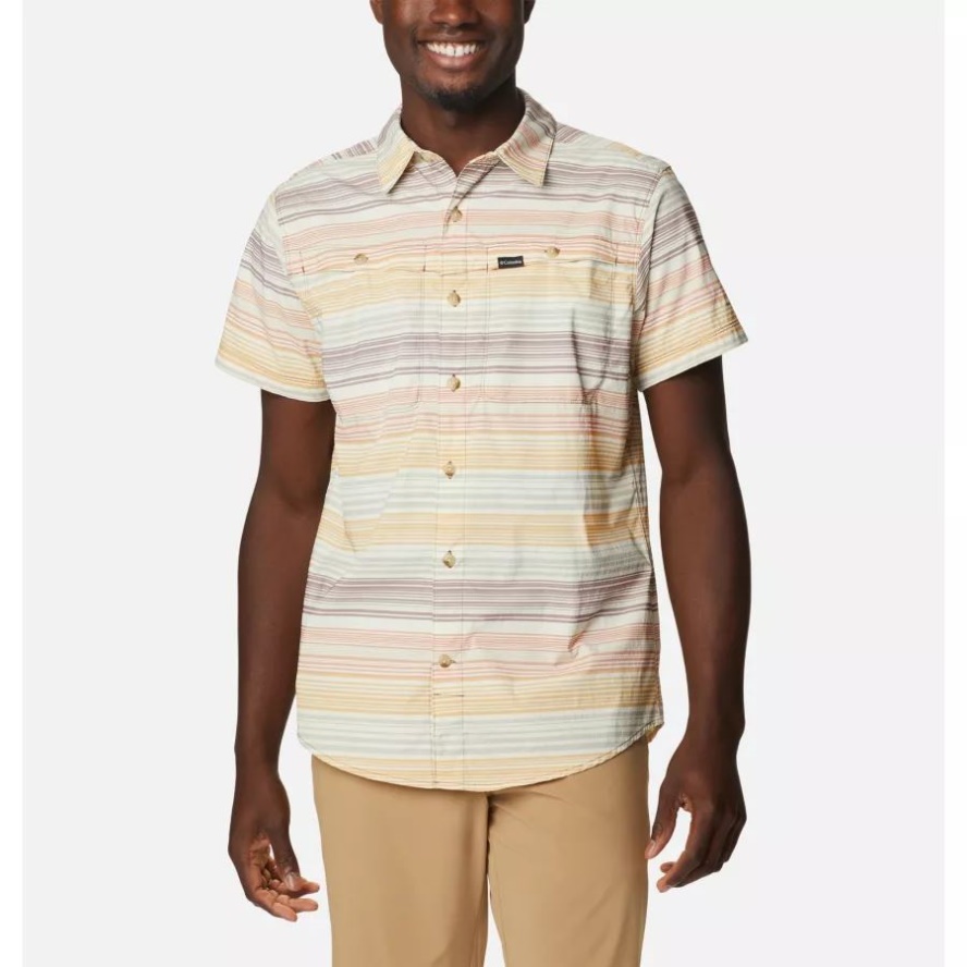 Men's Newton Ridge Plaid Short Sleeve Shirt Columbia Sale Light Raisin Striped Sunset