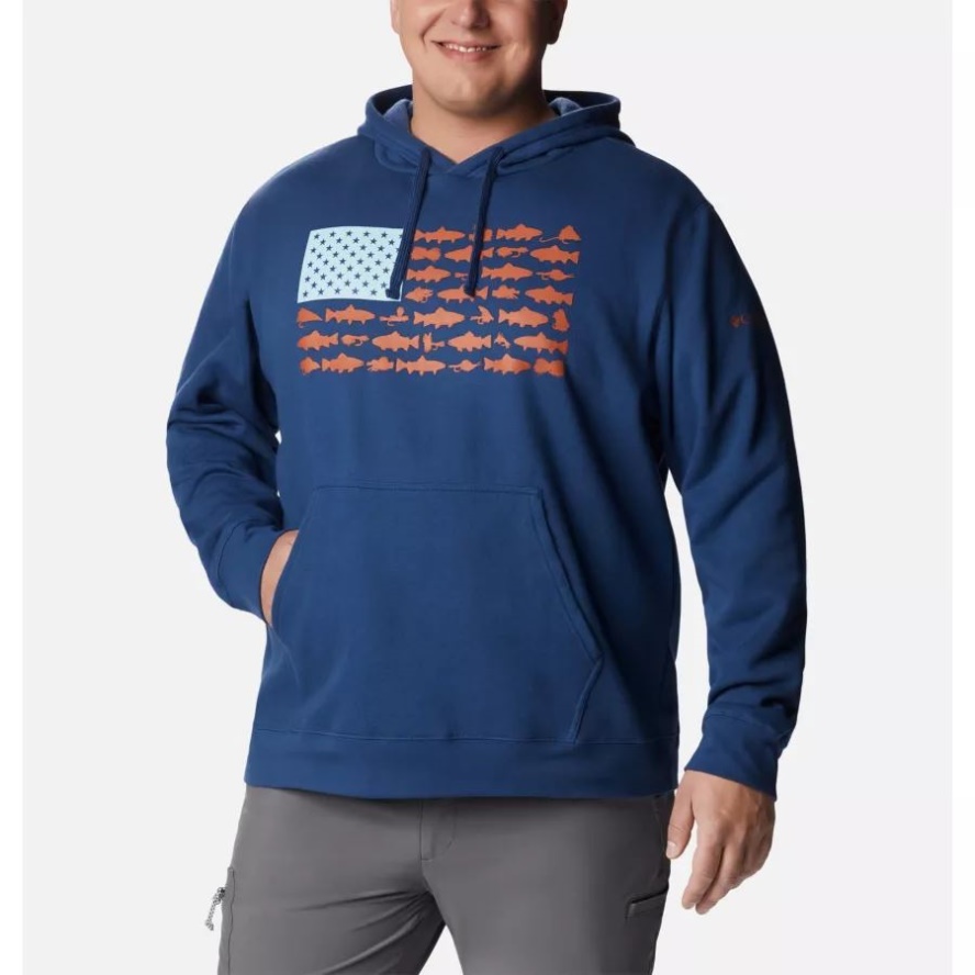 Men's PFG Fish Flag II Hoodie Big Columbia Sale Carbon/Island Orange Trout Flies