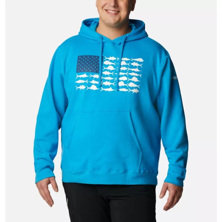 Men's PFG Fish Flag II Hoodie Big Compass Blue/White Offshore Fish Columbia Sale