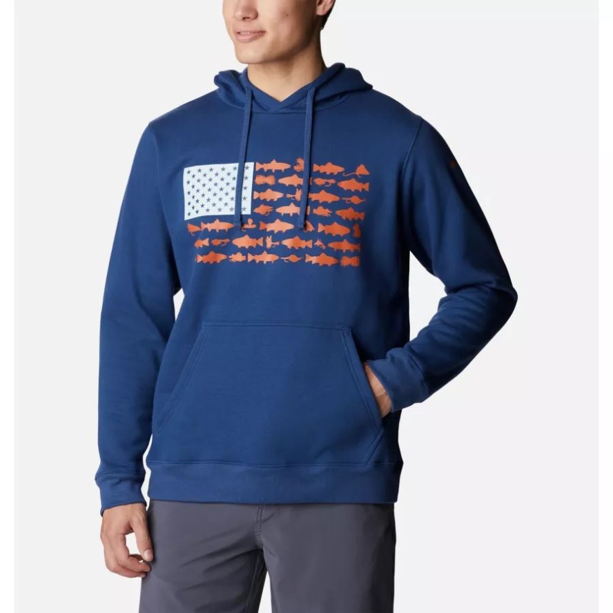 Men's PFG Fish Flag II Hoodie Carbon/Island Orange Trout Flies Columbia Sale