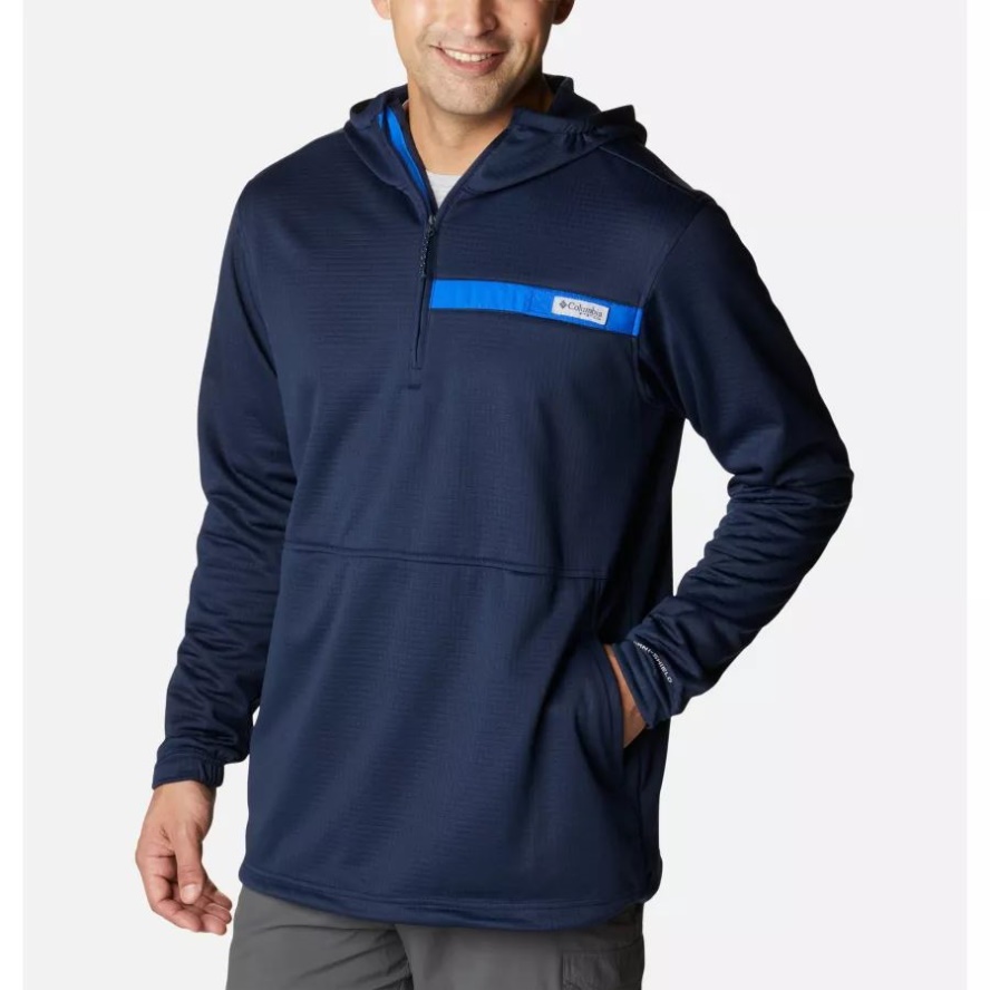 Men's PFG Skiff Guide Hooded Half Zip Fleece Pullover Columbia Sale Collegiate Navy/Blue Macaw