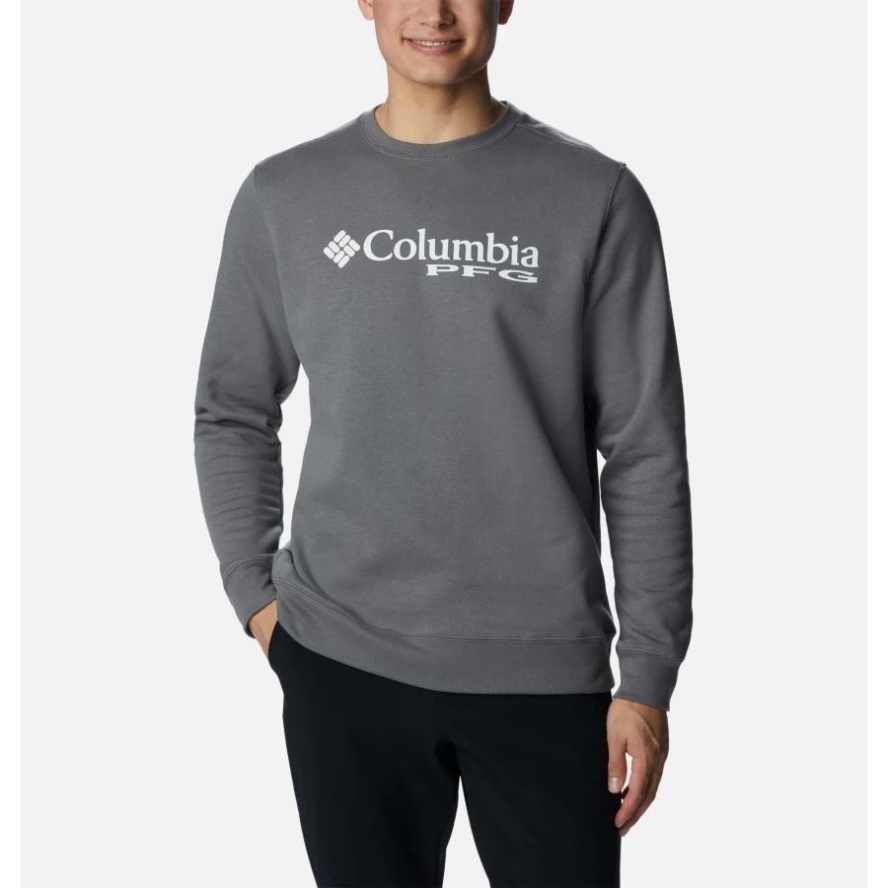 Men's PFG Stacked Logo Crew Sweatshirt City Grey/White Columbia Sale