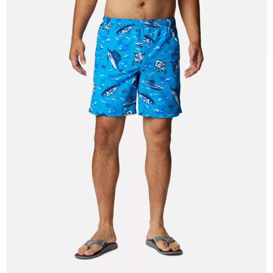 Men's PFG Super Backcast Water Shorts Blue Macaw Reel Dreamz Print Columbia Sale