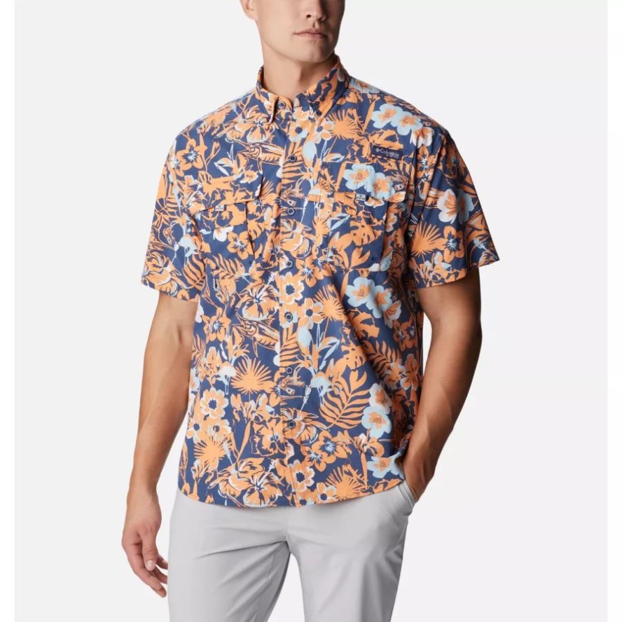Men's PFG Super Bahama Short Sleeve Shirt Columbia Sale Carbon Marlin Tropic Print