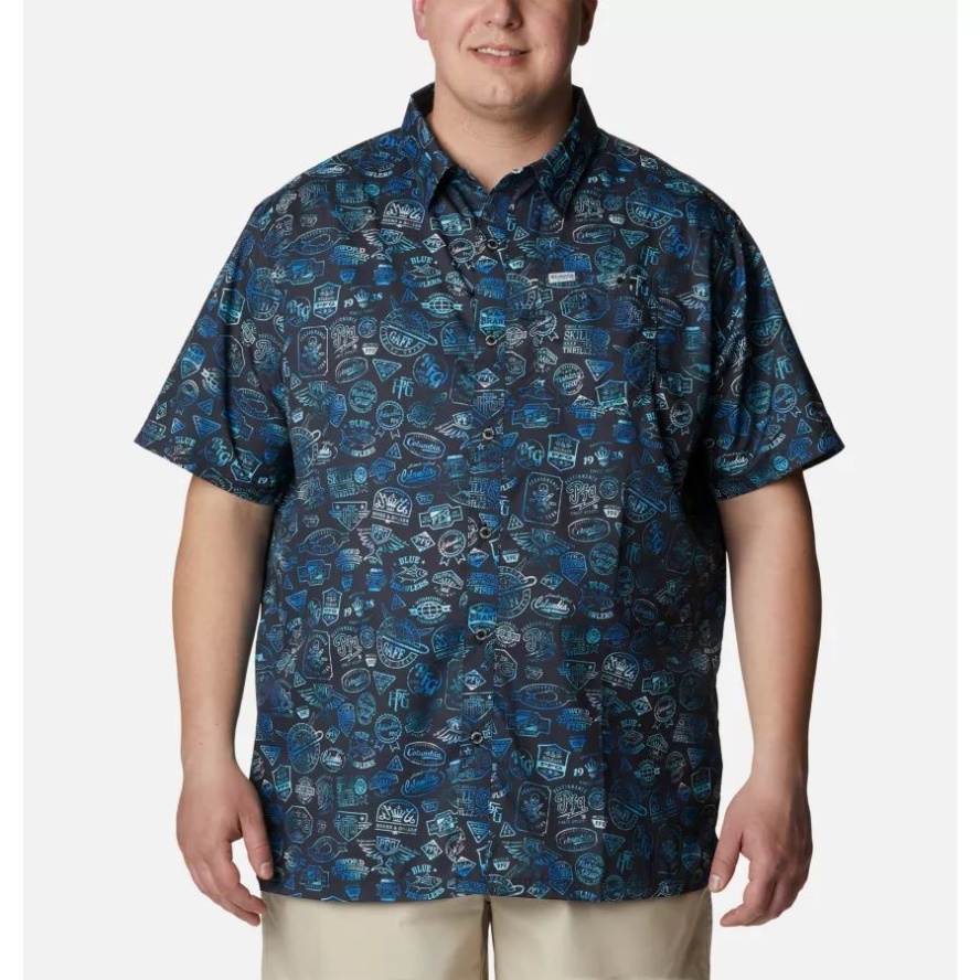 Men's PFG Super Slack Tide Camp Shirt Big Black Tye Dye Print Columbia Sale