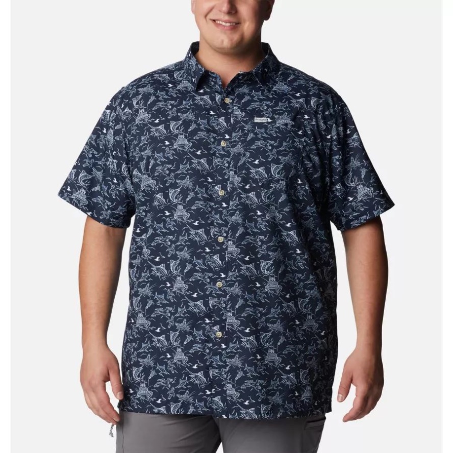 Men's PFG Super Slack Tide Camp Shirt Big Coll Navy Small Mighty Marlins Print Columbia Sale