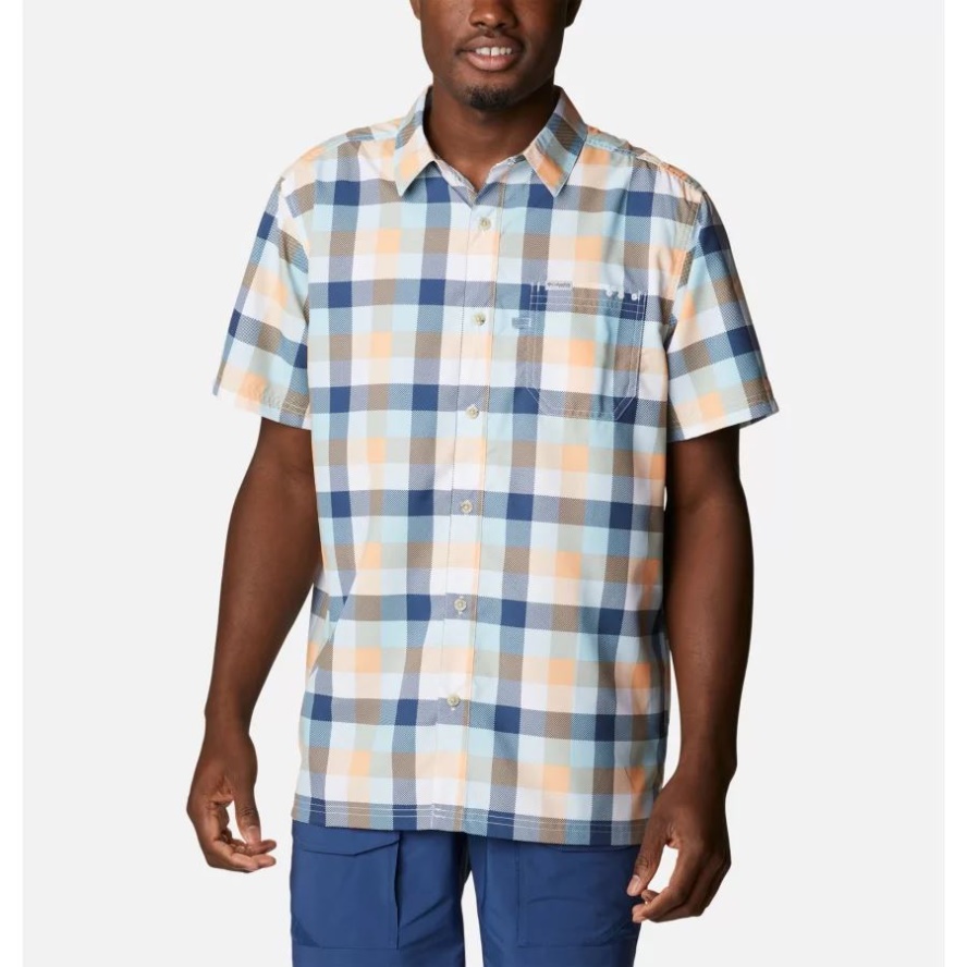 Men's PFG Super Slack Tide Camp Shirt Columbia Sale Bright Nectar Multi Gingham