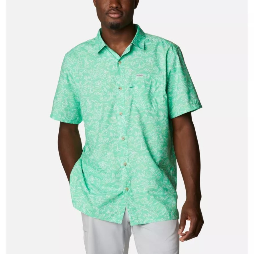 Men's PFG Super Slack Tide Camp Shirt Light Jade Merry Mahi Print Columbia Sale