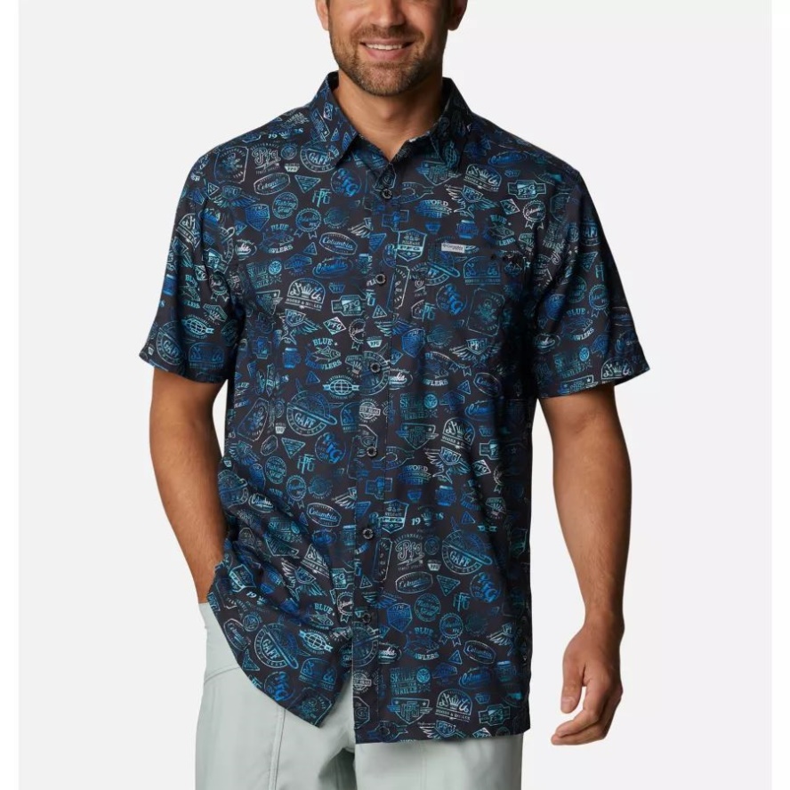 Men's PFG Super Slack Tide Camp Shirt Tall Columbia Sale Black Tye Dye Print