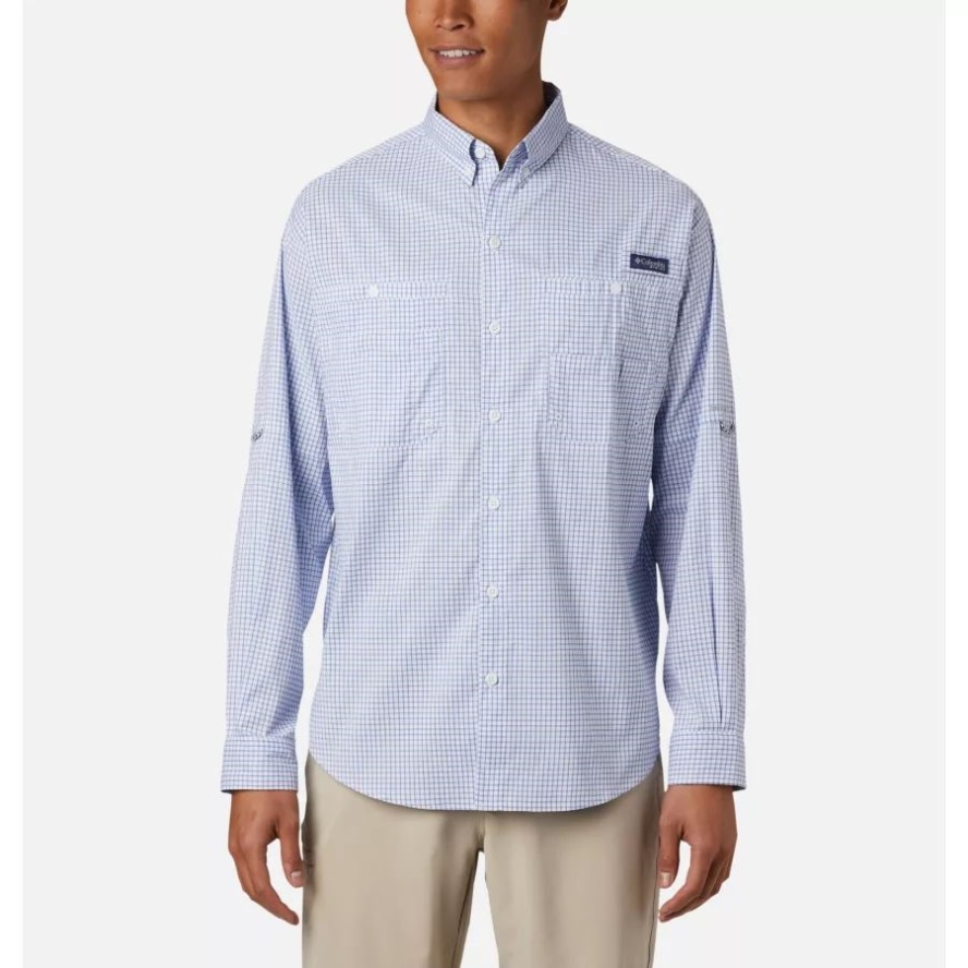 Men's PFG Super Tamiami Long Sleeve Shirt Columbia Sale Vivid Blue Gingham