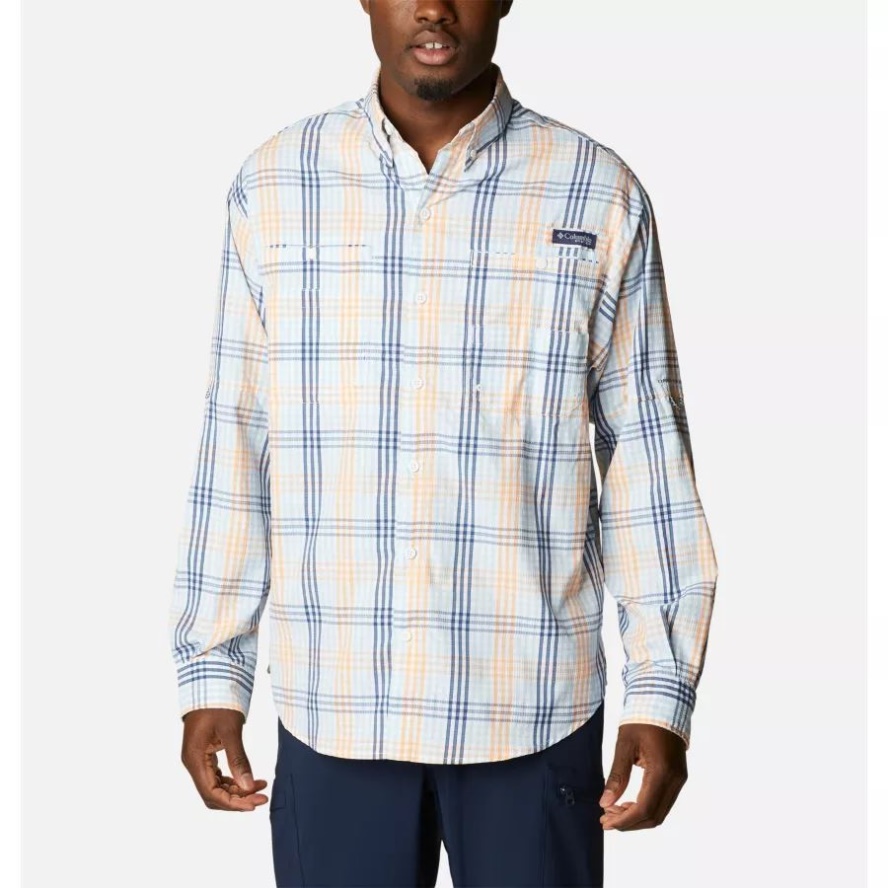 Men's PFG Super Tamiami Long Sleeve Shirt Spring Blue Blanket Gingham Columbia Sale
