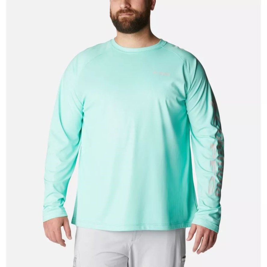 Men's PFG Terminal Deflector Long Sleeve Shirt Big Columbia Sale Electric Turquoise/Cool Grey