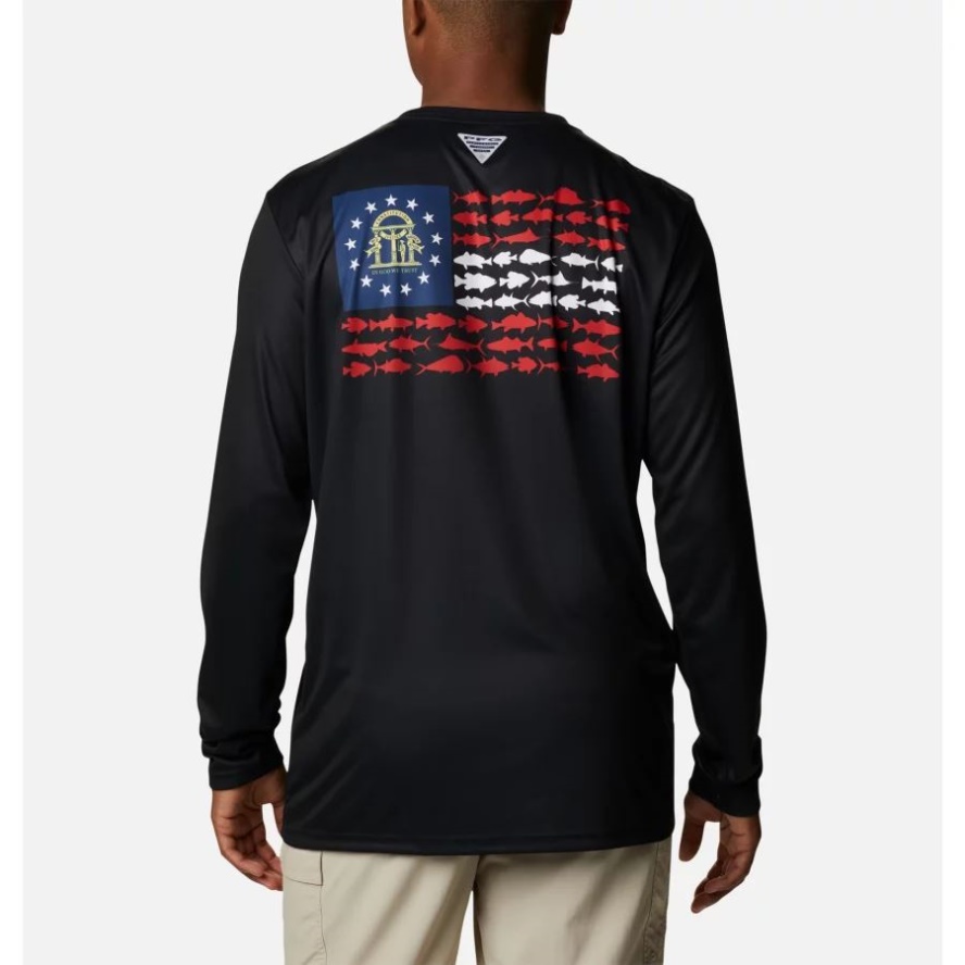 Men's PFG Terminal Tackle Fish Flag Long Sleeve Shirt Tall Black/Georgia Fish Columbia Sale