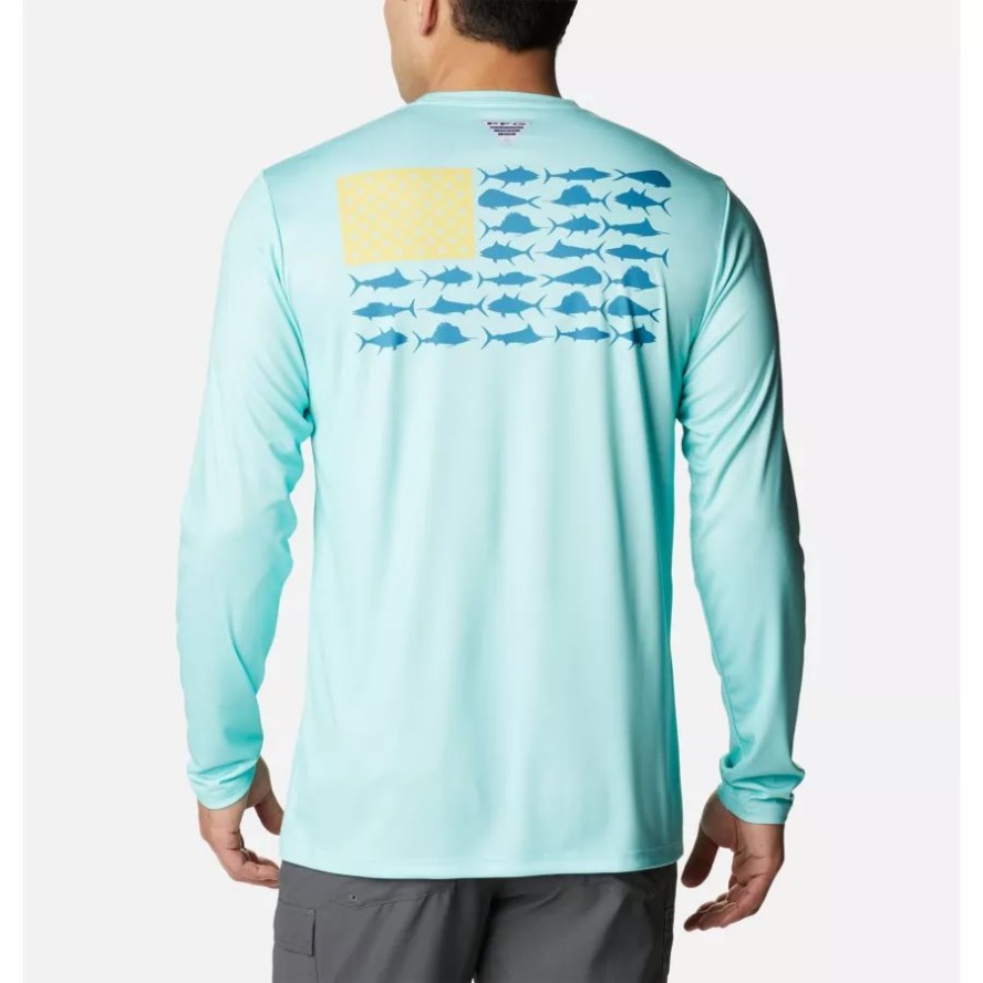 Men's PFG Terminal Tackle Fish Flag Long Sleeve Shirt Tall Columbia Sale Gulf Stream/Deep Marine Offshore Fish