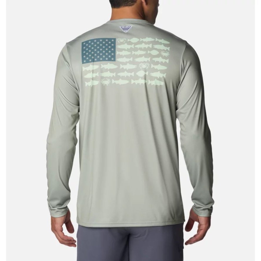 Men's PFG Terminal Tackle Fish Flag Long Sleeve Shirt Tall Columbia Sale Safari/Metal Alaska Fish