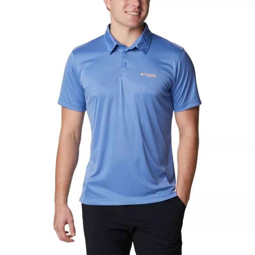 Men's PFG Terminal Tackle Heather Polo Columbia Sale Brand Vivid Blue Heather/Bright Nectar Logo