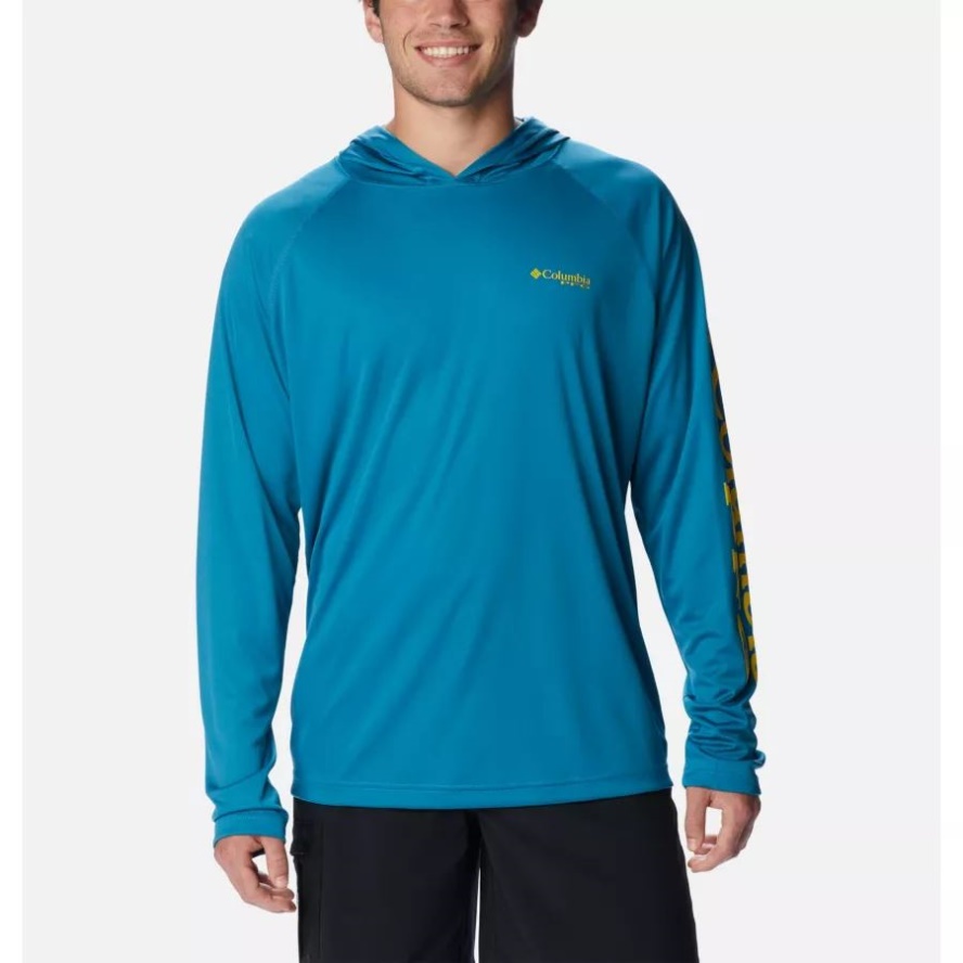 Men's PFG Terminal Tackle Hoodie Tall Columbia Sale Deep Marine/Laser Lemon Logo