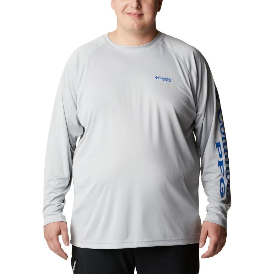 Men's PFG Terminal Tackle Long Sleeve Shirt Big Columbia Sale Cool Grey/Vivid Blue Logo