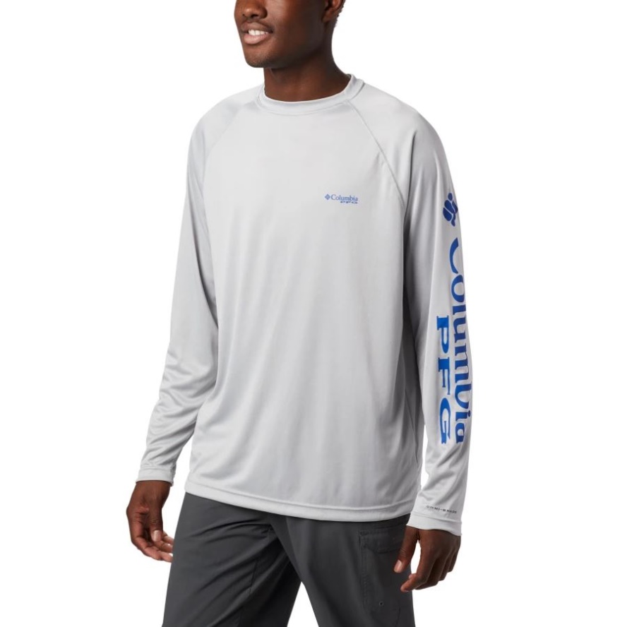 Men's PFG Terminal Tackle Long Sleeve Shirt Columbia Sale Cool Grey/Vivid Blue Logo