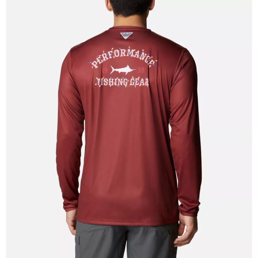 Men's PFG Terminal Tackle University Long Sleeve Shirt Columbia Sale Red Jasper/White Holiday