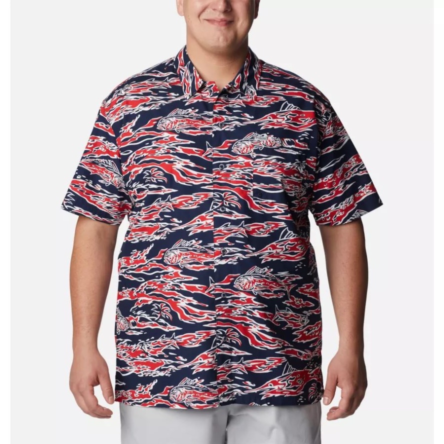 Men's PFG Trollers Best Short Sleeve Shirt Big Red Spark Rough Waves Print Columbia Sale