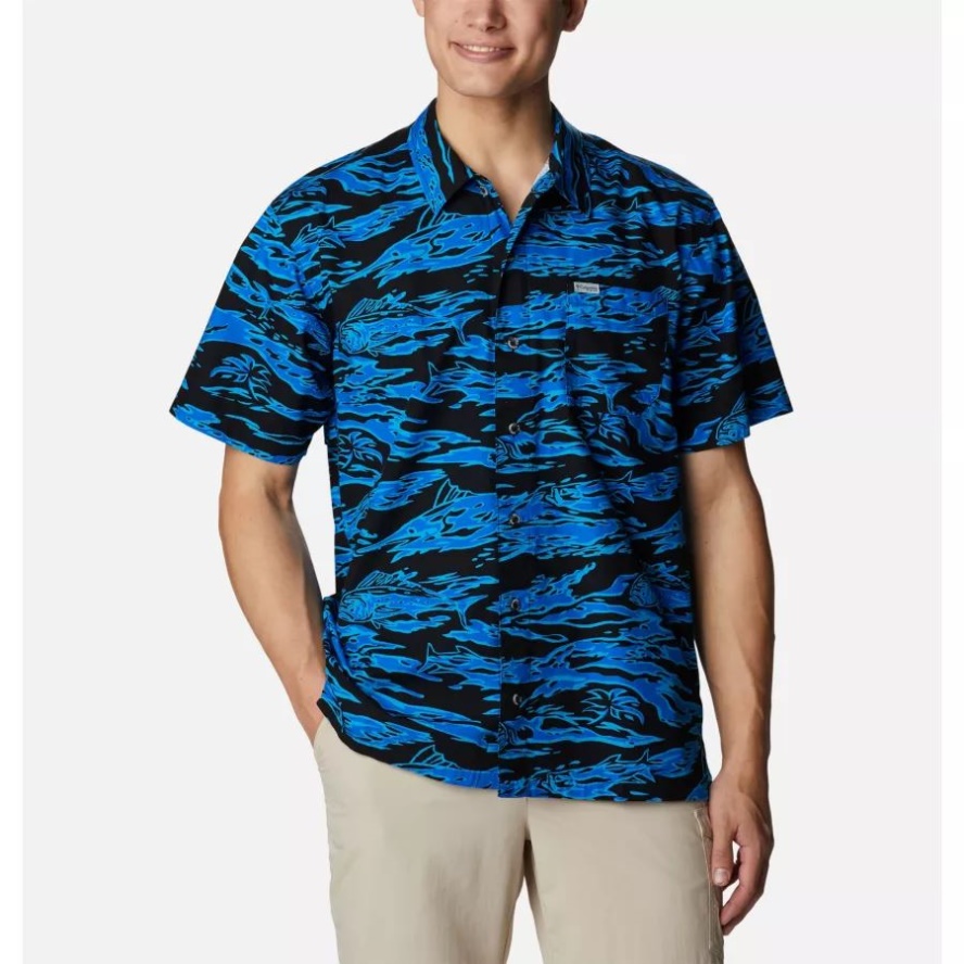 Men's PFG Trollers Best Short Sleeve Shirt Black Rough Waves Print Columbia Sale