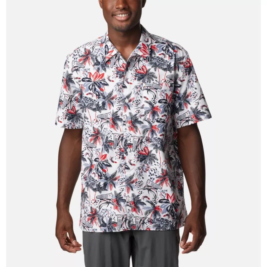 Men's PFG Trollers Best Short Sleeve Shirt Columbia Sale White Fireworks Fish Print