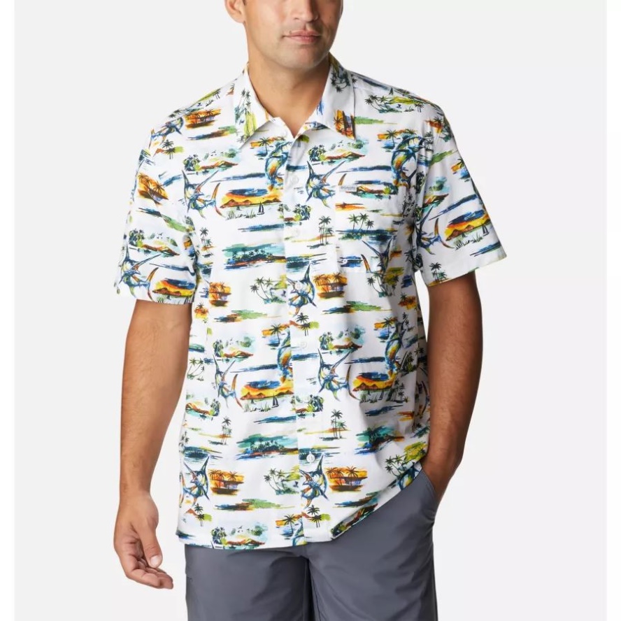 Men's PFG Trollers Best Short Sleeve Shirt White Watercolor Island Print Columbia Sale