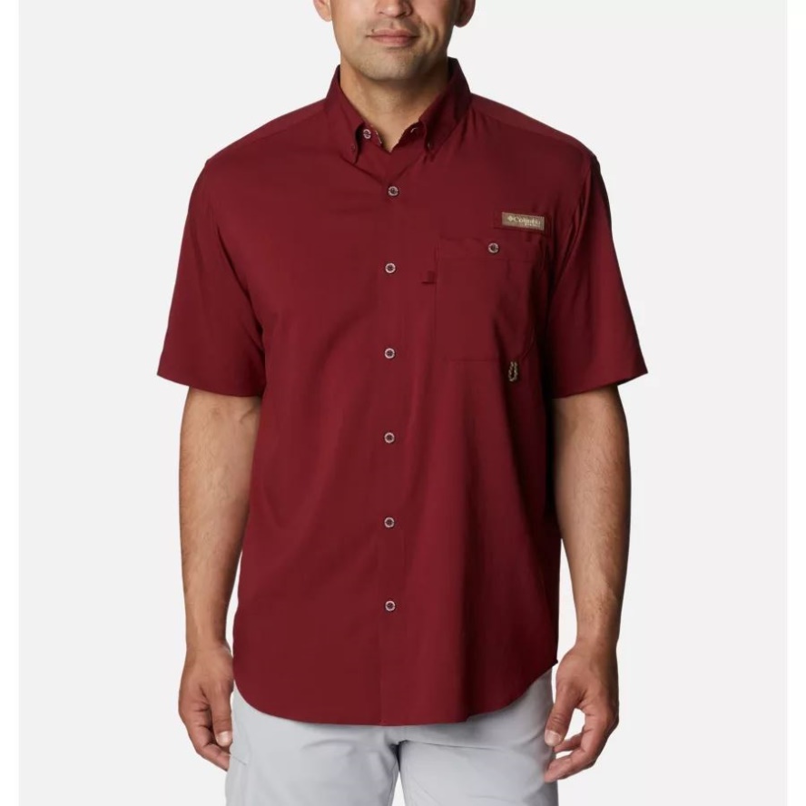 Men's PHG Bucktail Short Sleeve Woven Shirt Columbia Sale Red Jasper/RT Edge