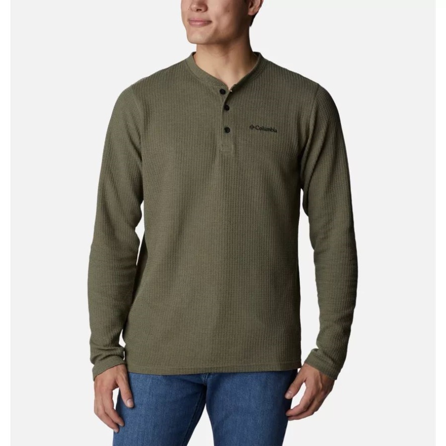 Men's Pine Peak Waffle Long Sleeve Henley Columbia Sale Stone Green Heather