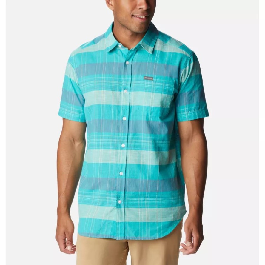 Men's Rapid Rivers Novelty Short Sleeve Shirt Columbia Sale Bright Aqua Scattered Stripe
