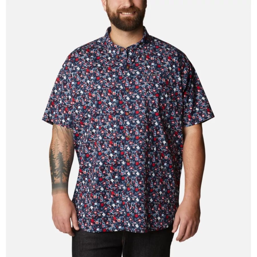 Men's Rapid Rivers Printed Short Sleeve Shirt Big Columbia Sale Collegiate Navy Mini-Biscus