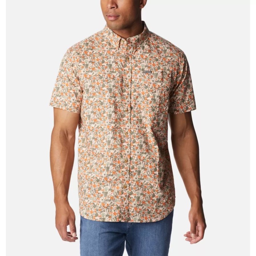 Men's Rapid Rivers Printed Short Sleeve Shirt Columbia Sale Peach Blossom Mini-Biscus