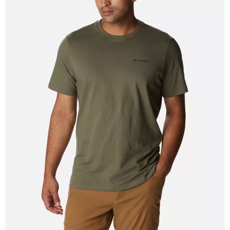 Men's Rockaway River Back Graphic T-Shirt Columbia Sale Stone Green/Lakeside Badge Graphic