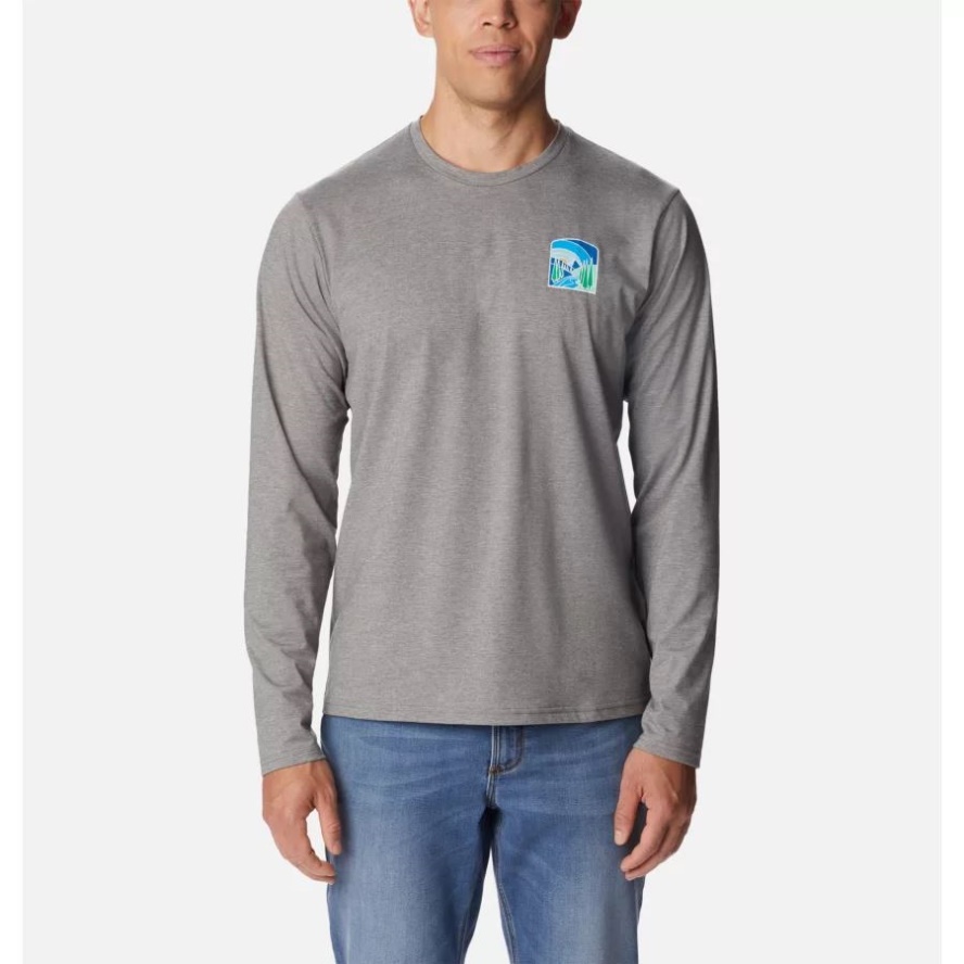 Men's Sun Trek EU Long Sleeve Graphic T-Shirt Columbia Sale City Grey Heather/Suntrek Hills Chest