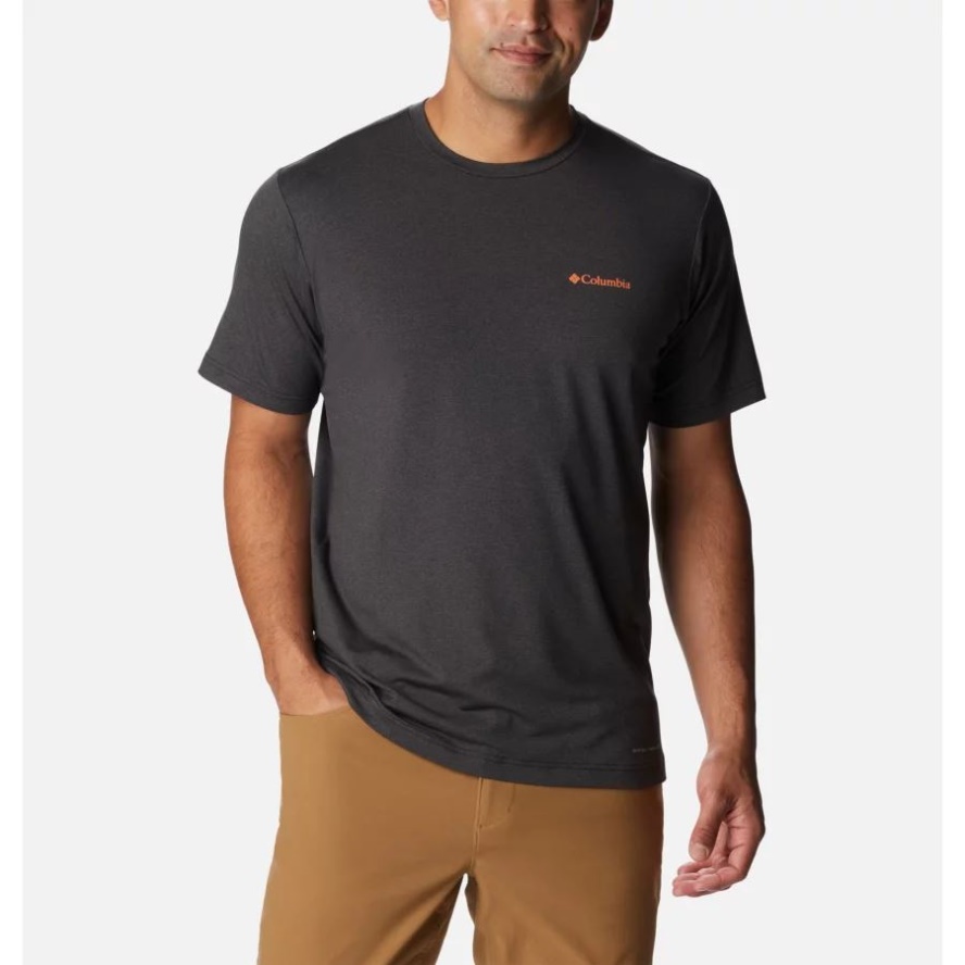 Men's Tech Trail Graphic T-Shirt Black Hthr/Shady Peaks Graphic Columbia Sale