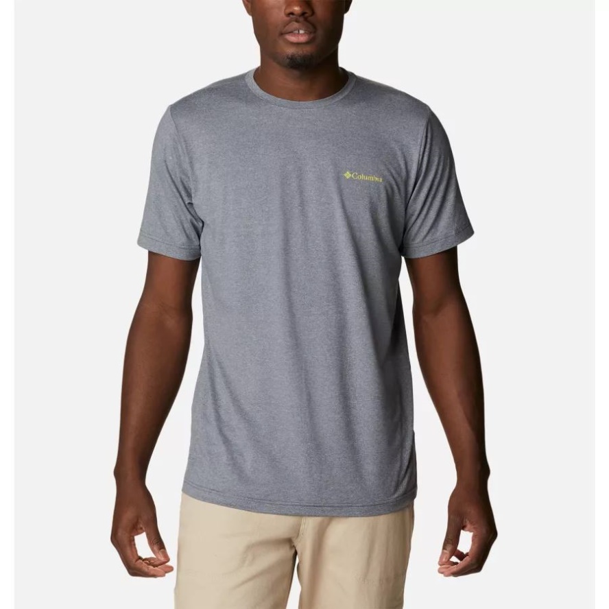 Men's Tech Trail Graphic T-Shirt City Grey Heather/Mirror Mountains Back Columbia Sale