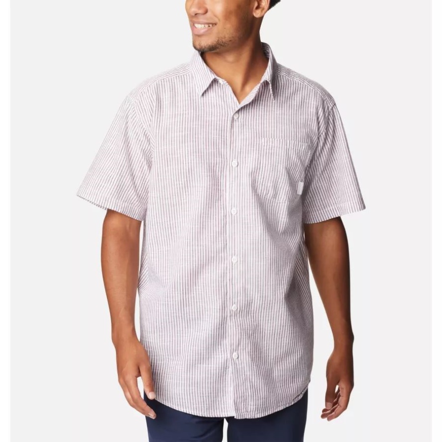 Men's Under Exposure YD Short Sleeve Shirt Columbia Sale Red Onion Oxford Stripe