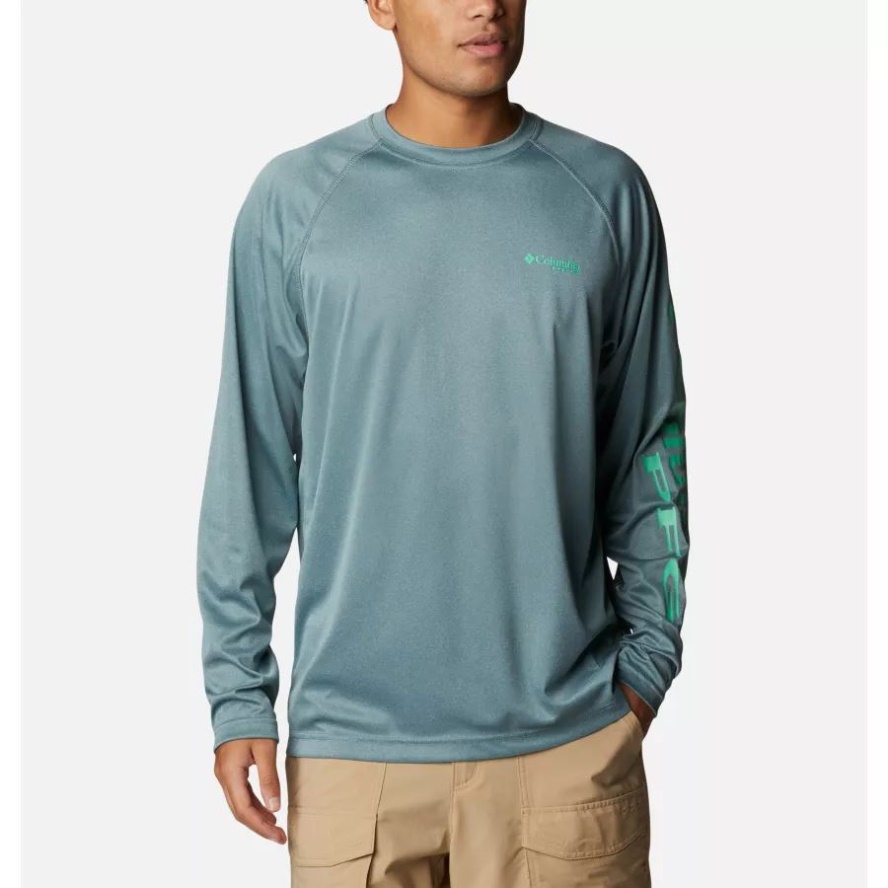 Metal Heather/Light Jade Logo Columbia Sale Men's PFG Terminal Tackle Heather Long Sleeve Shirt