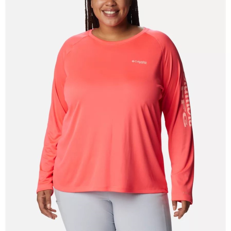 Neon Sunrise/Tiki Pink Logo Women's PFG Tidal Tee II Long Sleeve Plus Size Columbia Sale