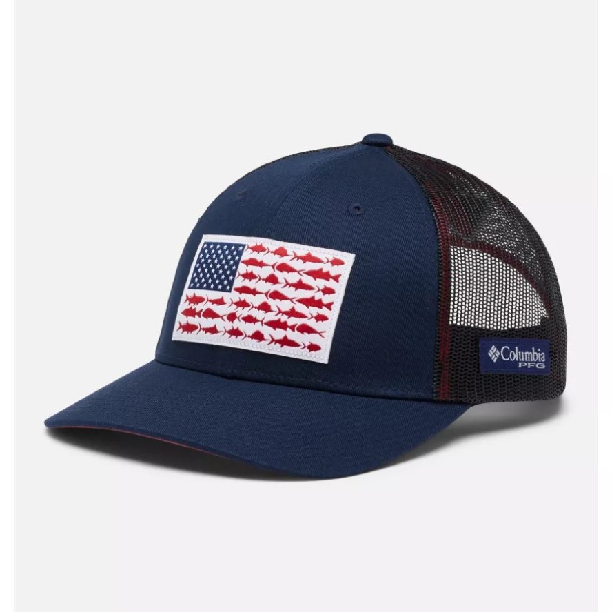 PFG Fish Flag Mesh Snapback Low Crown Columbia Sale Collegiate Navy/Sunset Red