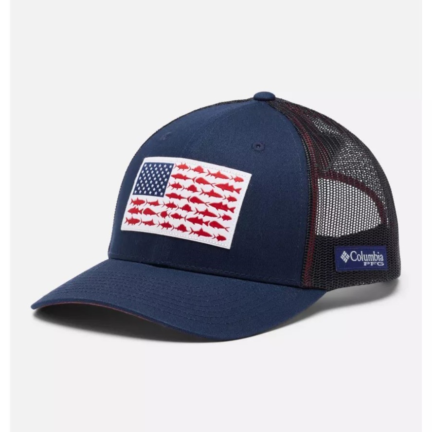 PFG Fish Flag Mesh Snapback Mid Crown Collegiate Navy/Sunset Red Columbia Sale