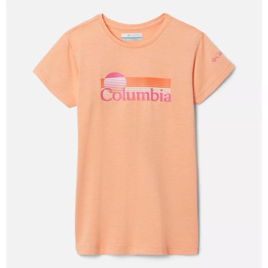 Peach Hthr/Inverted Stripes Graphic Columbia Sale Girls' Mission Peak Short Sleeve Graphic T-Shirt