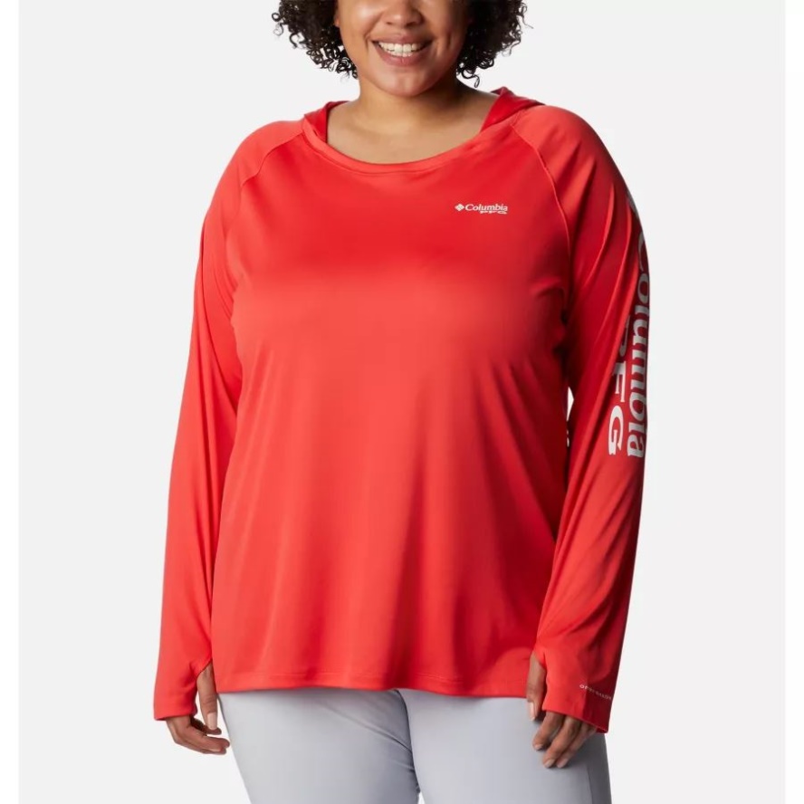 Red Hibiscus/White Logo Columbia Sale Women's PFG Tidal Tee Hoodie Plus Size