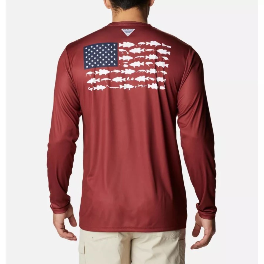 Red Jasper/White Bass Lures Columbia Sale Men's PFG Terminal Tackle Fish Flag Long Sleeve Shirt Tall