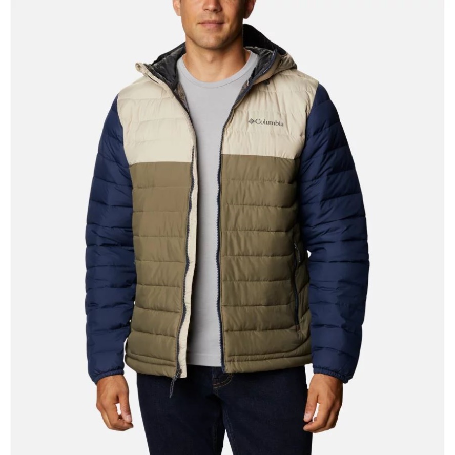 Stone Green/Fossil/Collegiate Navy Columbia Sale Men's Powder Lite Hooded Insulated Jacket